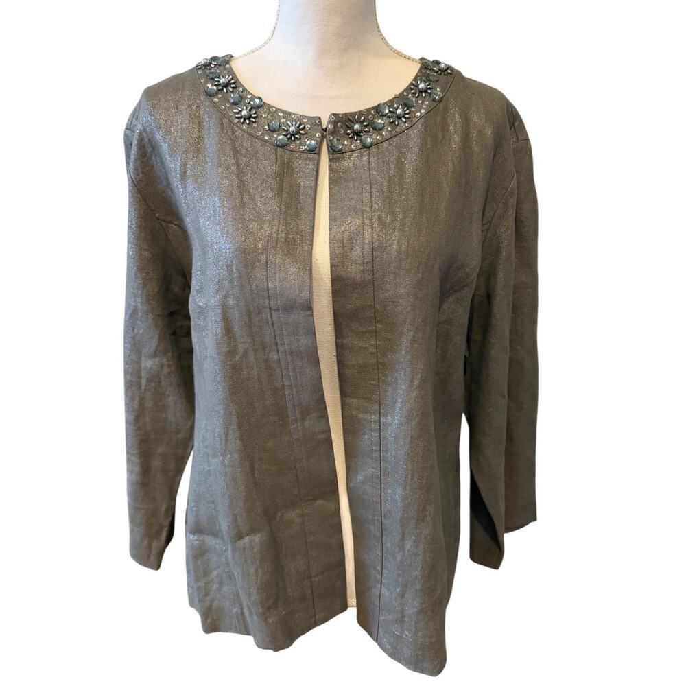 Chicos Jeweled Collar Linen Jacket Metallic Silver